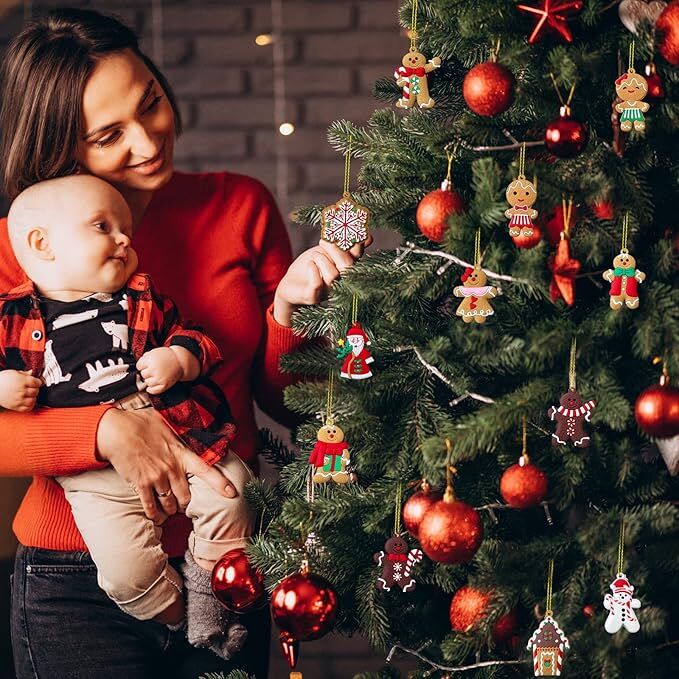 12pcs Christmas Ornaments Cute Snowman Xmas Tree Decorations Santa Claus Plastic Figurines Ornaments with Sugar Cookie House for Christmas Tree Hanging Party DIY Decor 3 Inch Tall