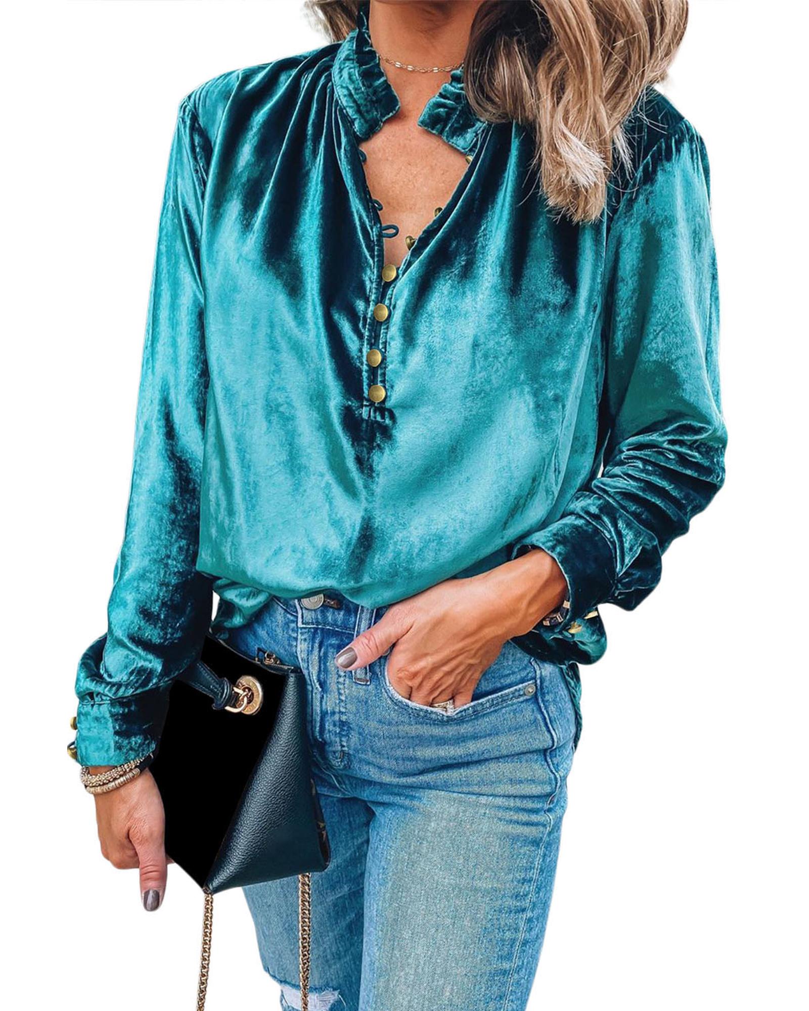 Azura Exchange Womens Green Velvet Blouse - L
