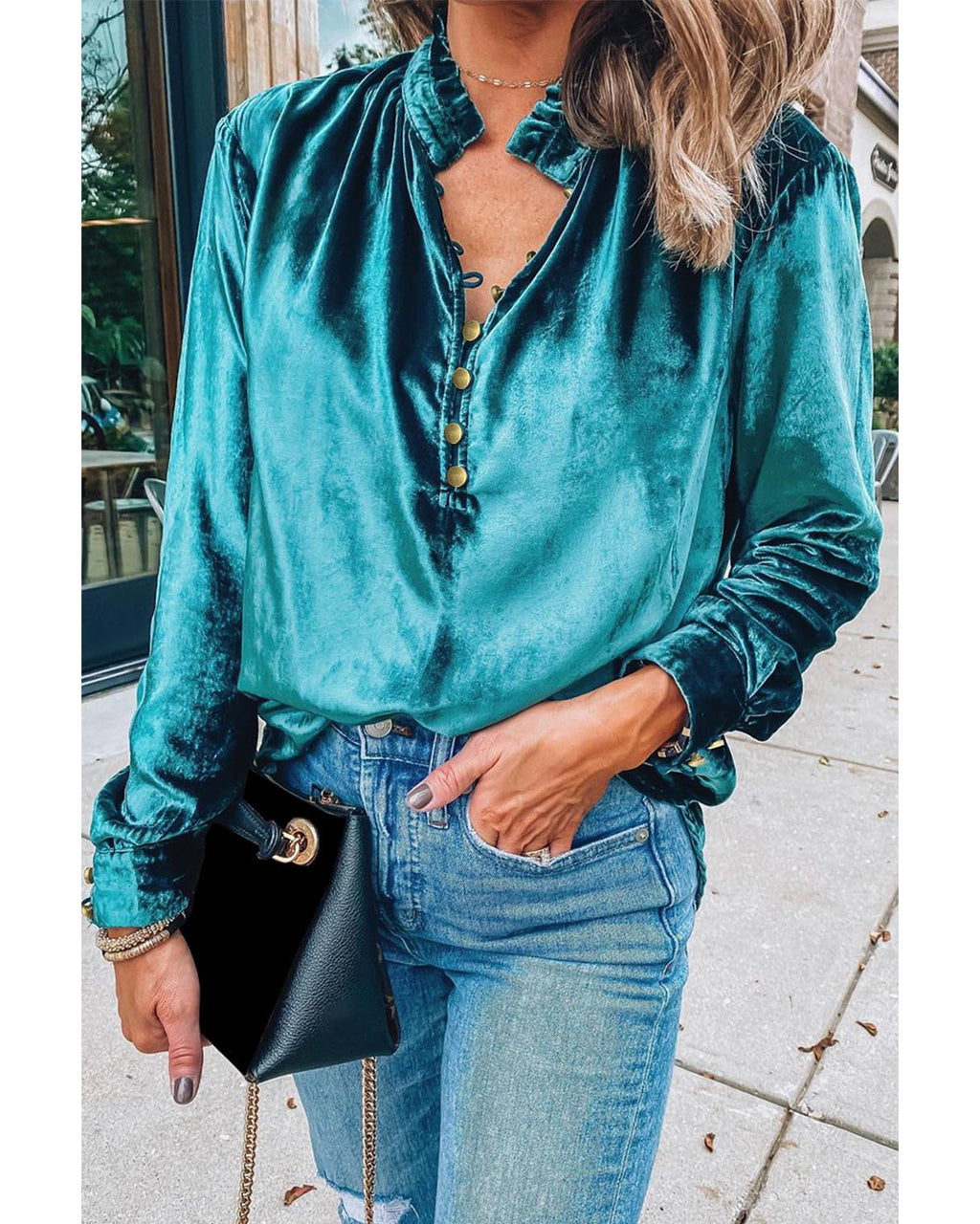 Azura Exchange Womens Green Velvet Blouse - L