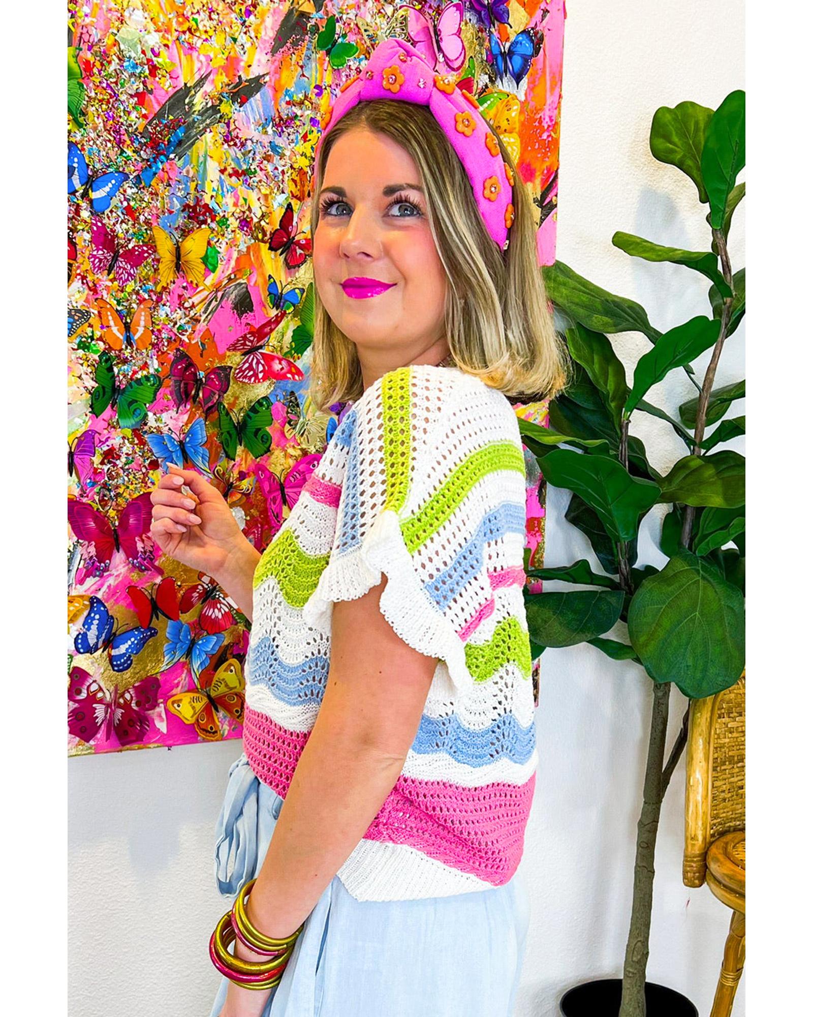 White Colorblock Crochet Knit Ruffled Short Sleeve Sweater Top - XL