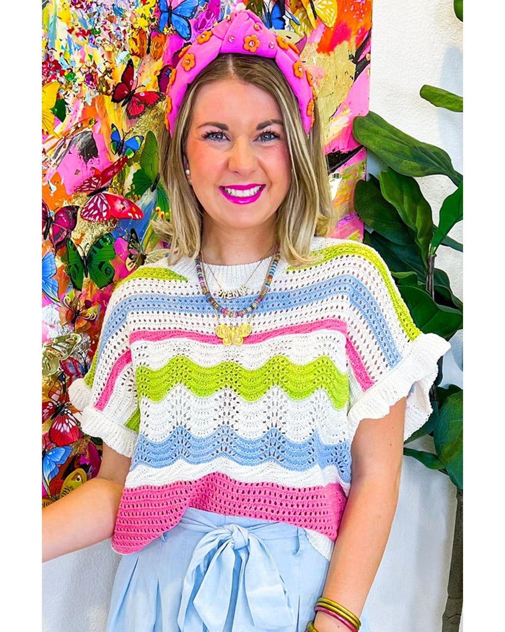 White Colorblock Crochet Knit Ruffled Short Sleeve Sweater Top - XL