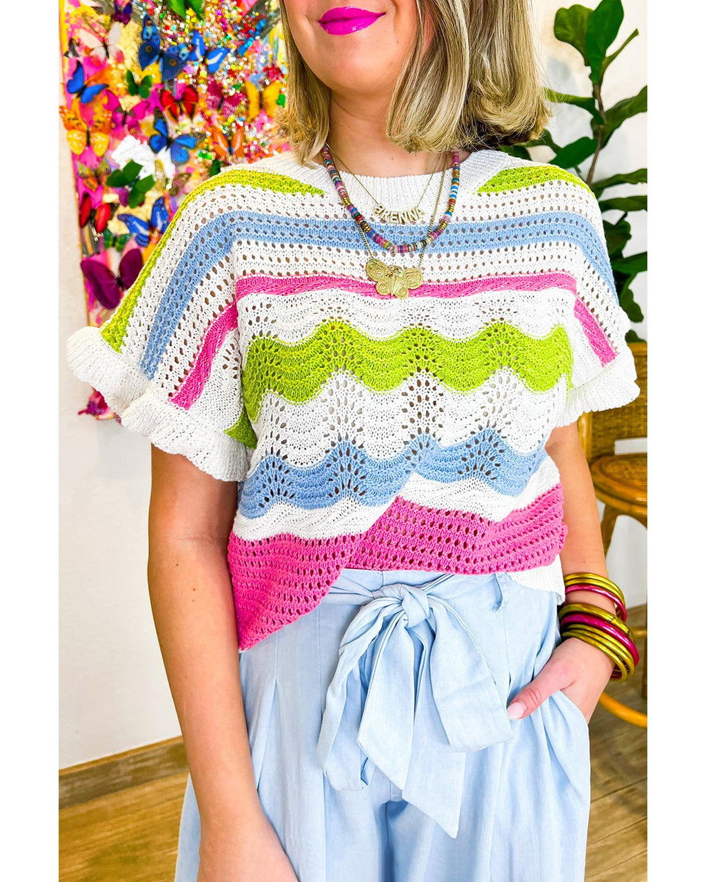 White Colorblock Crochet Knit Ruffled Short Sleeve Sweater Top - XL