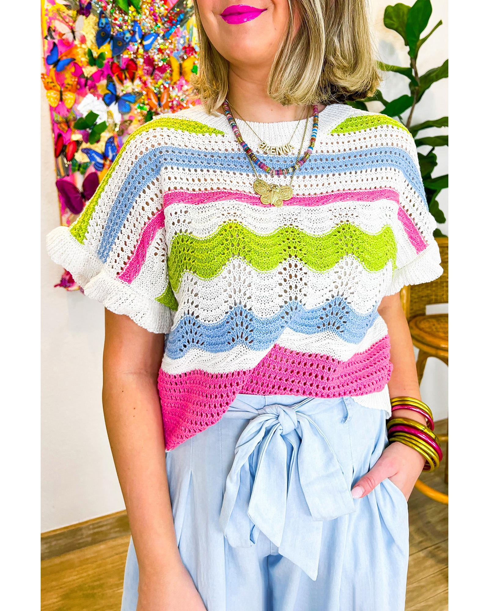 White Colorblock Crochet Knit Ruffled Short Sleeve Sweater Top - XL