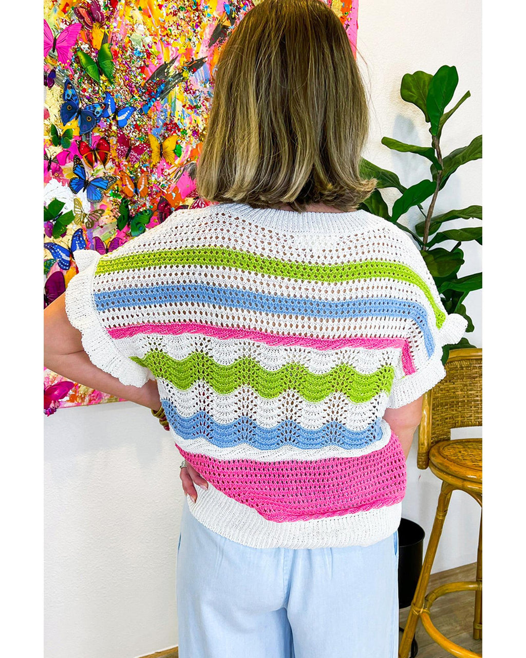 White Colorblock Crochet Knit Ruffled Short Sleeve Sweater Top - XL