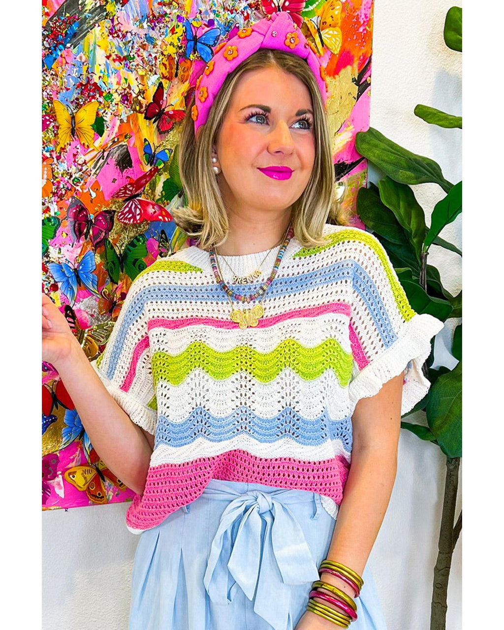 White Colorblock Crochet Knit Ruffled Short Sleeve Sweater Top - XL