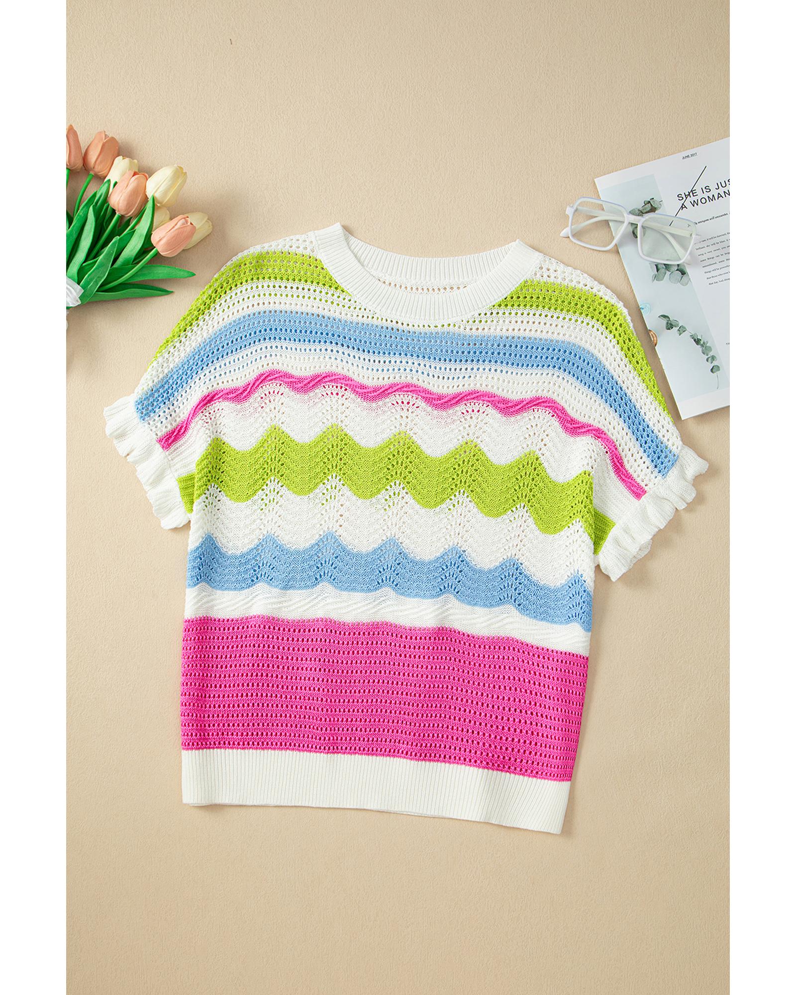 White Colorblock Crochet Knit Ruffled Short Sleeve Sweater Top - XL