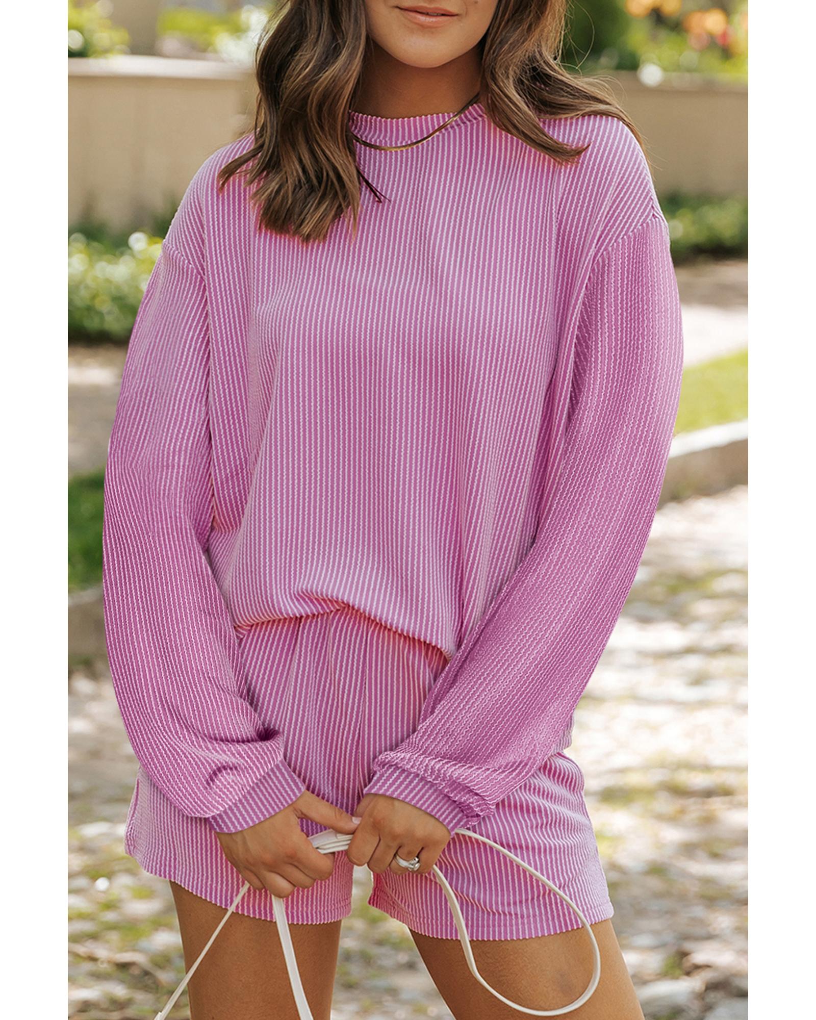 Phalaenopsis Corded Knit Long Sleeve Top and High Waist Shorts Set - XL