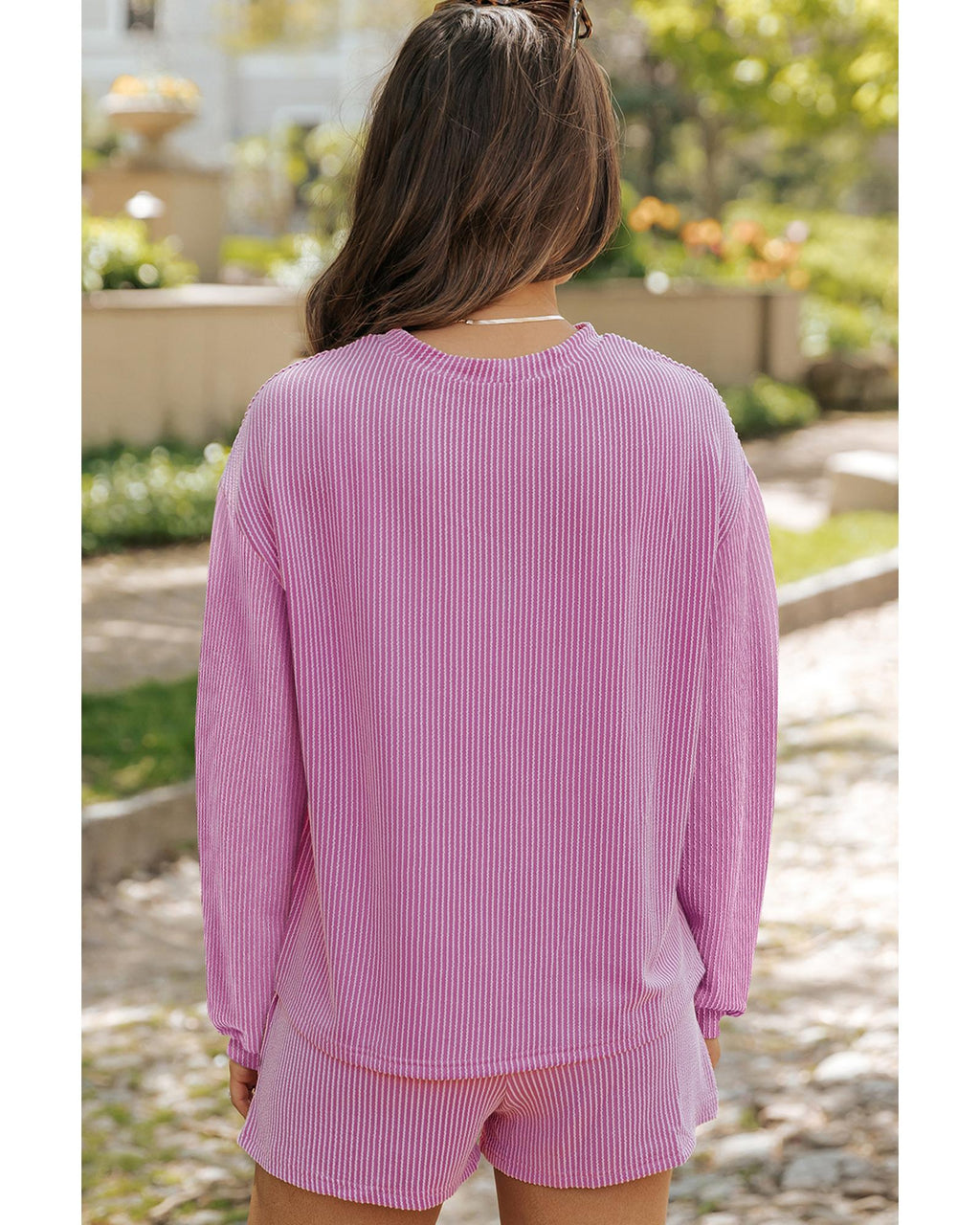 Phalaenopsis Corded Knit Long Sleeve Top and High Waist Shorts Set - XL