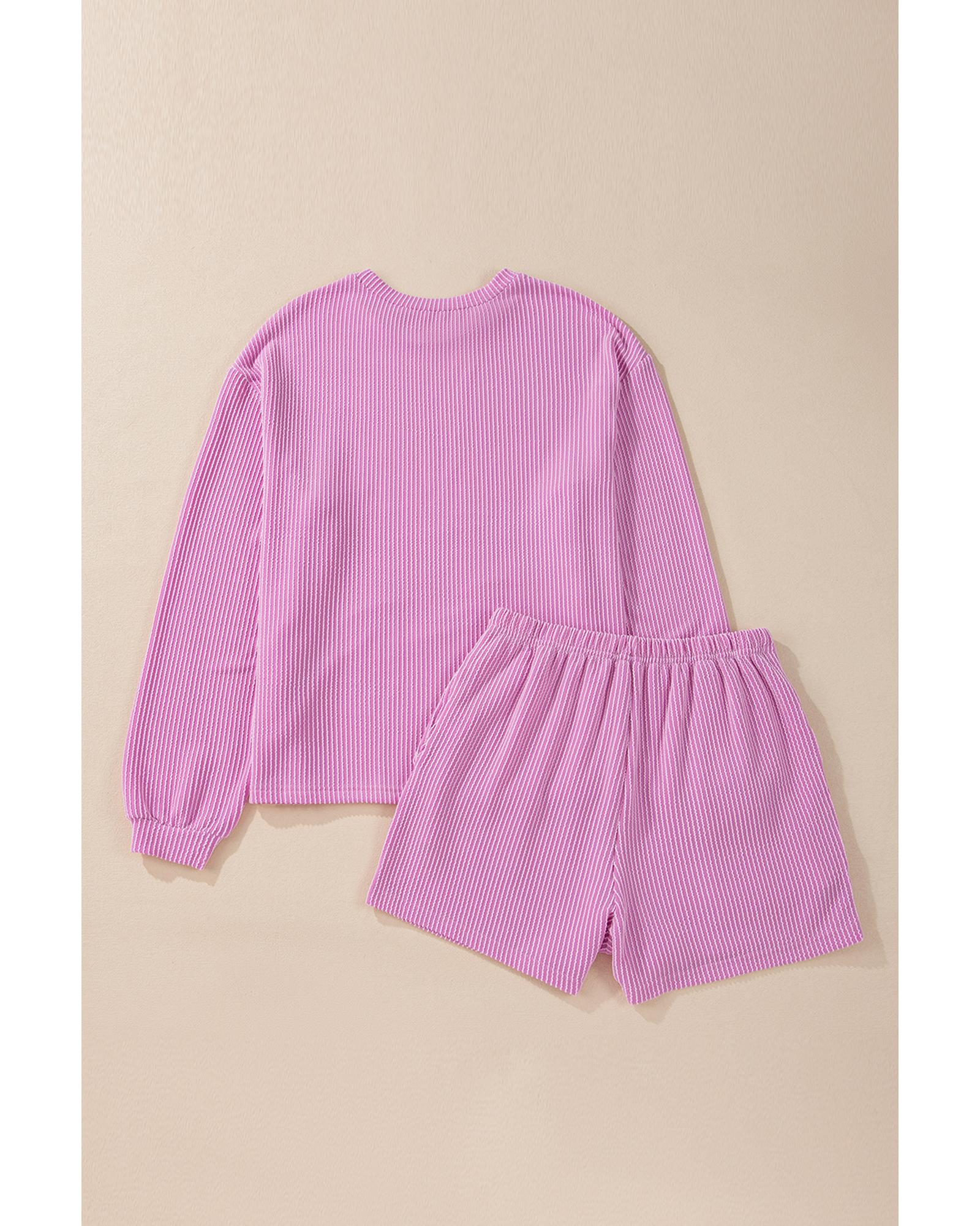 Phalaenopsis Corded Knit Long Sleeve Top and High Waist Shorts Set - XL