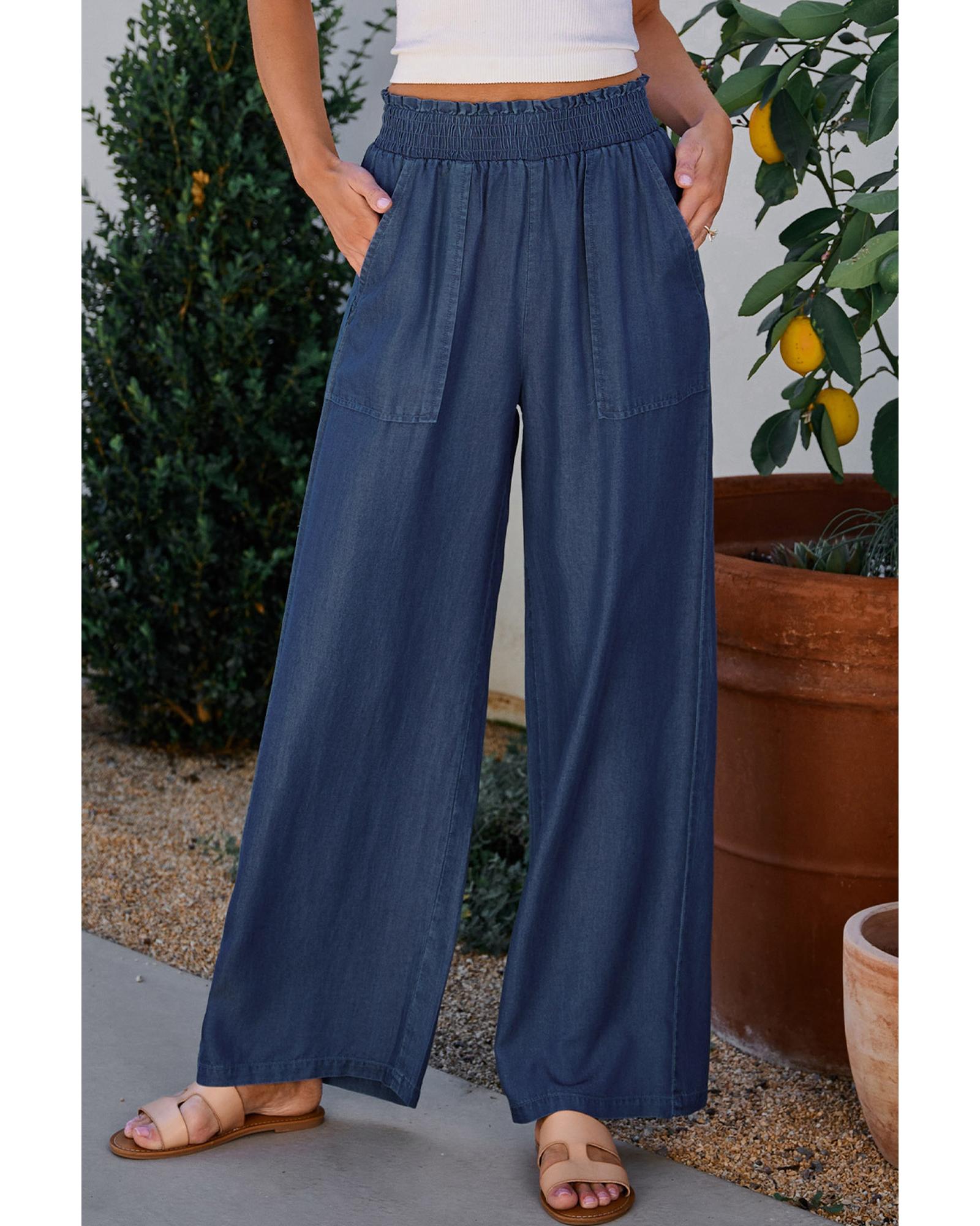 Sail Blue Side Pockets Frilled Smocked High Waist Wide Leg Jeans - S