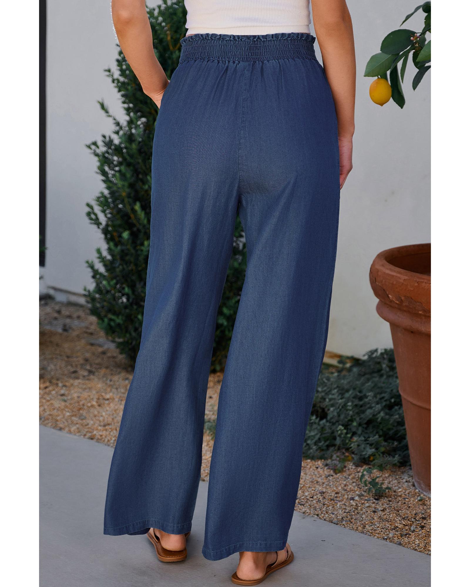 Sail Blue Side Pockets Frilled Smocked High Waist Wide Leg Jeans - S