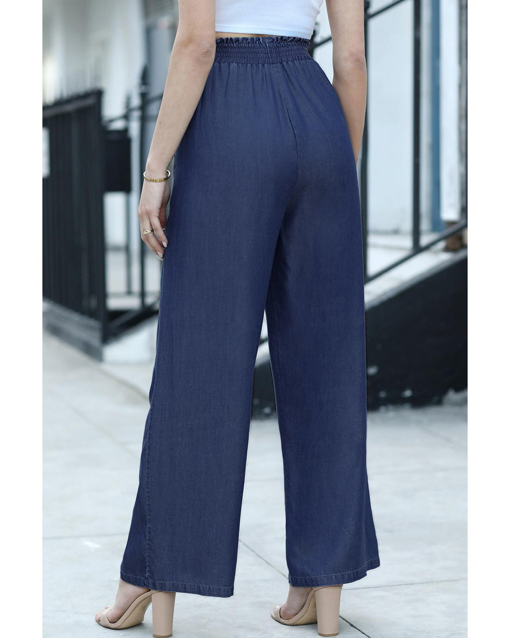 Sail Blue Side Pockets Frilled Smocked High Waist Wide Leg Jeans - S