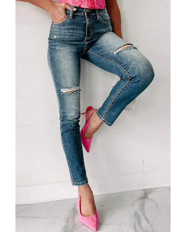 Blue Distressed Ripped Skinny Jeans - 12 US