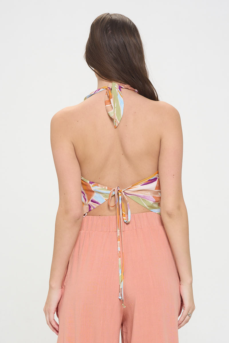 Tropical Leaf Print Halter Neck Backless Top-3