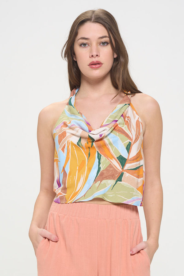 Tropical Leaf Print Halter Neck Backless Top-0